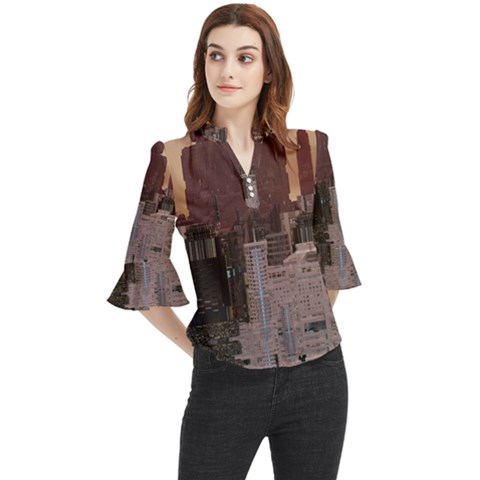 Skyline Skyscrapers Futuristic Sci-fi Panorama Loose Horn Sleeve Chiffon Blouse by Pakemis