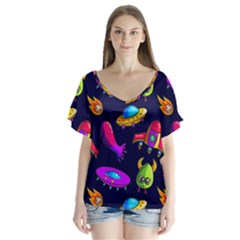 Space Pattern V-neck Flutter Sleeve Top by Pakemis