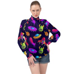 Space Pattern High Neck Long Sleeve Chiffon Top by Pakemis