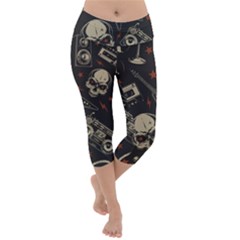 Grunge Seamless Pattern With Skulls Lightweight Velour Capri Yoga Leggings by Pakemis