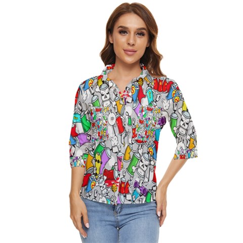 Graffit Characters Seamless Pattern Art Women s Quarter Sleeve Pocket Shirt by Pakemis