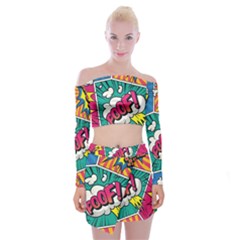 Comic Colorful Seamless Pattern Off Shoulder Top With Mini Skirt Set by Pakemis