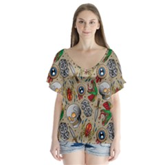 Tattoo Pattern V-neck Flutter Sleeve Top by Pakemis
