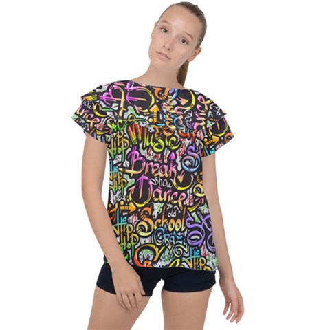 Graffiti Word Seamless Pattern Ruffle Collar Chiffon Blouse by Pakemis