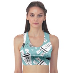 Cute Seamless Pattern With Rocket Planets Stars Sports Bra by Pakemis