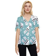 Cute Seamless Pattern With Rocket Planets Stars Bow Sleeve Button Up Top by Pakemis