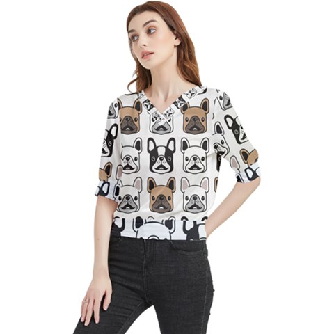 Dog French Bulldog Seamless Pattern Face Head Quarter Sleeve Blouse by Pakemis