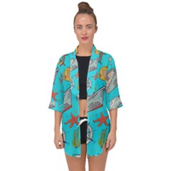 Colored-sketched-sea-elements-pattern-background-sea-life-animals-illustration Open Front Chiffon Kimono by Pakemis