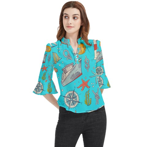 Colored-sketched-sea-elements-pattern-background-sea-life-animals-illustration Loose Horn Sleeve Chiffon Blouse by Pakemis
