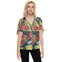 Vector-seamless-pizza-slice-pattern-hand-drawn-pizza-illustration-great-pizzeria-menu-background Bow Sleeve Button Up Top by Pakemis