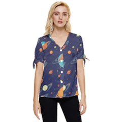 Space Galaxy Planet Universe Stars Night Fantasy Bow Sleeve Button Up Top by Uceng