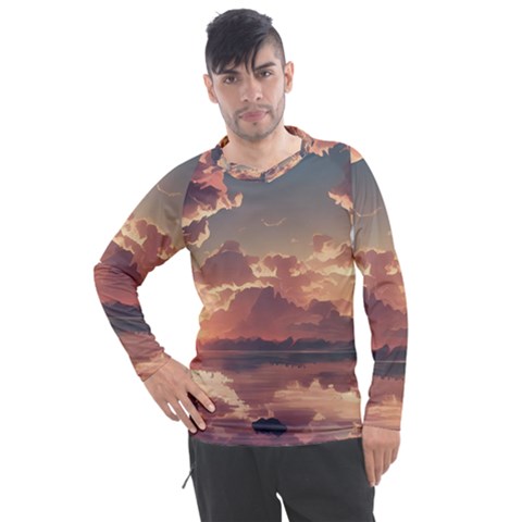 Sunset River Sky Clouds Nature Nostalgic Mountain Men s Pique Long Sleeve Tee by Uceng