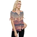 Sunset River Sky Clouds Nature Nostalgic Mountain Bow Sleeve Button Up Top View3