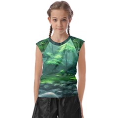 River Forest Woods Nature Rocks Japan Fantasy Kids  Raglan Cap Sleeve Tee by Uceng