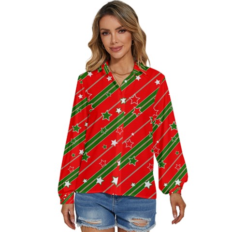 Christmas Paper Star Texture Women s Long Sleeve Button Down Shirt by Uceng
