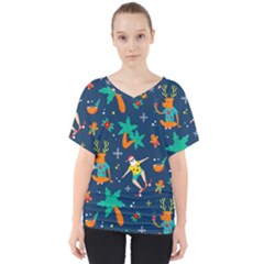 Colorful Funny Christmas Pattern V-neck Dolman Drape Top by Uceng