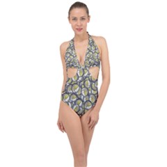 Gong Instrument Motif Pattern Halter Front Plunge Swimsuit by dflcprintsclothing