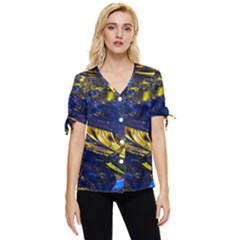 Space Futuristic Shiny Abstraction Flash Colorful Bow Sleeve Button Up Top by Pakemis