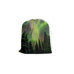 Aurora Borealis In Sky Over Forest Drawstring Pouch (small) by danenraven