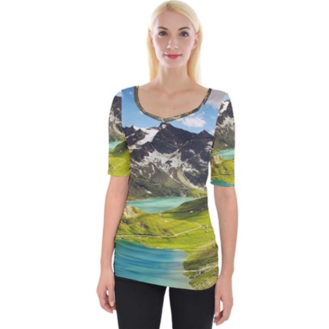 Aerial View Of Mountain And Body Of Water Wide Neckline Tee by danenraven