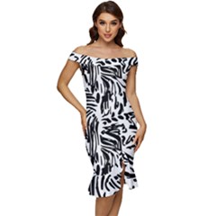 Abstract Painting Off Shoulder Ruffle Split Hem Bodycon Dress by Sobalvarro