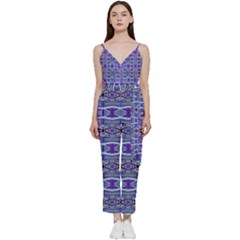Vertical Striped Ornate Seamless Pattern V-neck Spaghetti Strap Tie Front Jumpsuit by dflcprintsclothing