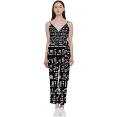 Sanscrit Pattern Design V-neck Spaghetti Strap Tie Front Jumpsuit by dflcprintsclothing