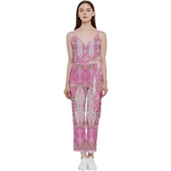 Pink Arabesque Iv V-neck Spaghetti Strap Tie Front Jumpsuit by kaleidomarblingart