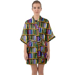 Books On A Shelf Half Sleeve Satin Kimono  by TetiBright