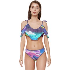 Fantasy Japan Mountains Cherry Blossoms Nature Ruffle Edge Tie Up Bikini Set	 by Uceng
