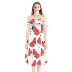 Watermelon Seamless Pattern Shoulder Tie Bardot Midi Dress by Jancukart