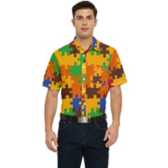 Retro Colors Puzzle Pieces                                                                      Men s Short Sleeve Pocket Shirt by LalyLauraFLM