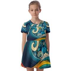 Waves Wave Ocean Sea Abstract Whimsical Kids  Short Sleeve Pinafore Style Dress by Jancukart