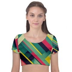 Pattern Abstract Geometric Design Velvet Short Sleeve Crop Top  by danenraven