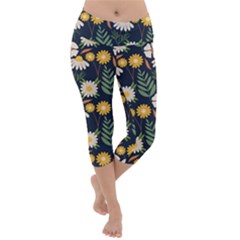 Flower Grey Pattern Floral Lightweight Velour Capri Yoga Leggings by Dutashop