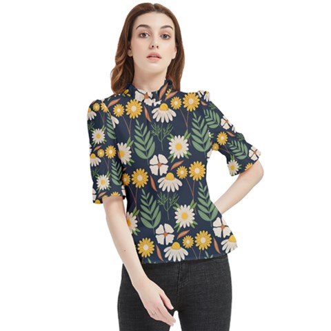 Flower Grey Pattern Floral Frill Neck Blouse by Dutashop