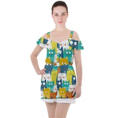 Cat T- Shirt Cute Cats Colorful Seamless Pattern T- Shirt Ruffle Cut Out Chiffon Playsuit by maxcute