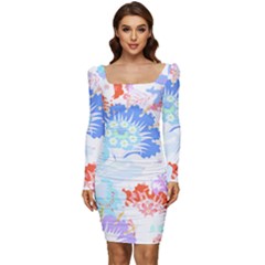 Flowers Illustration T- Shirt Sunshine Blossoms Women Long Sleeve Ruched Stretch Jersey Dress by maxcute