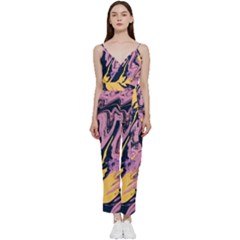 Pink Black And Yellow Abstract Painting V-neck Spaghetti Strap Tie Front Jumpsuit by Jancukart