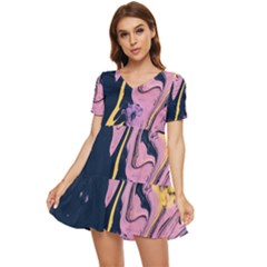 Pink Black And Yellow Abstract Painting Tiered Short Sleeve Babydoll Dress by Jancukart
