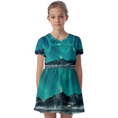 Blue And Green Sky And Mountain Kids  Short Sleeve Pinafore Style Dress by Jancukart