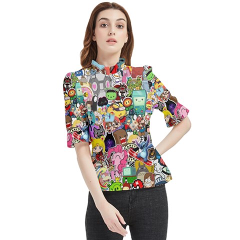 Assorted Cartoon Characters Doodle  Style Heroes Frill Neck Blouse by Jancukart