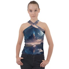 Space Planet Universe Galaxy Moon Cross Neck Velour Top by Ravend