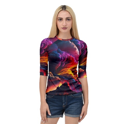 Ocean Sea Wave Clouds Mountain Colorful Sky Art Quarter Sleeve Raglan Tee by Pakemis