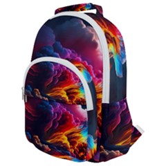 Ocean Sea Wave Clouds Mountain Colorful Sky Art Rounded Multi Pocket Backpack by Pakemis