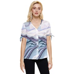 Marble Abstract White Pink Dark Art Bow Sleeve Button Up Top by Pakemis