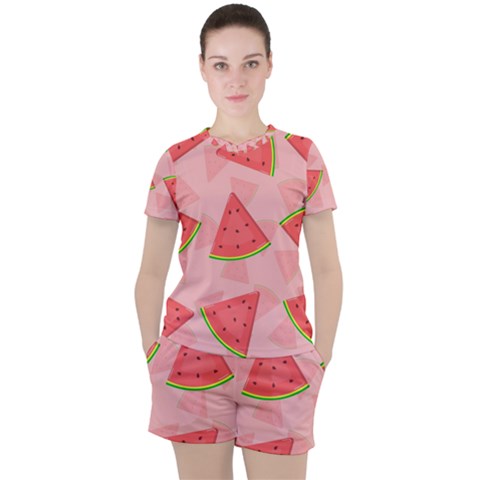 Background Watermelon Pattern Fruit Food Sweet Women s Tee And Shorts Set by Jancukart