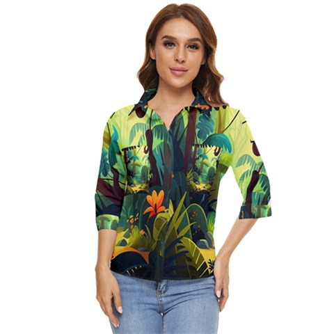 Jungle Rainforest Tropical Forest Jungle Scene Women s Quarter Sleeve Pocket Shirt by Jancukart