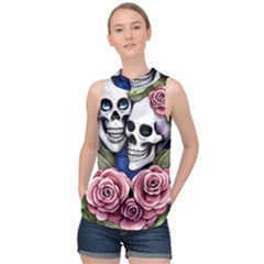 Skulls And Flowers High Neck Satin Top by GardenOfOphir