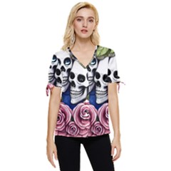 Skulls And Flowers Bow Sleeve Button Up Top by GardenOfOphir